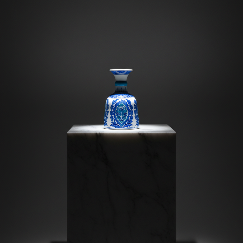 luxury-20cm-blue-medallion-bell-vase-dark-marble Handmade Ceramic "Bell" Vase (20cm) - Blue & Turquoise Medallion - Coastal Style Vase - Image 1