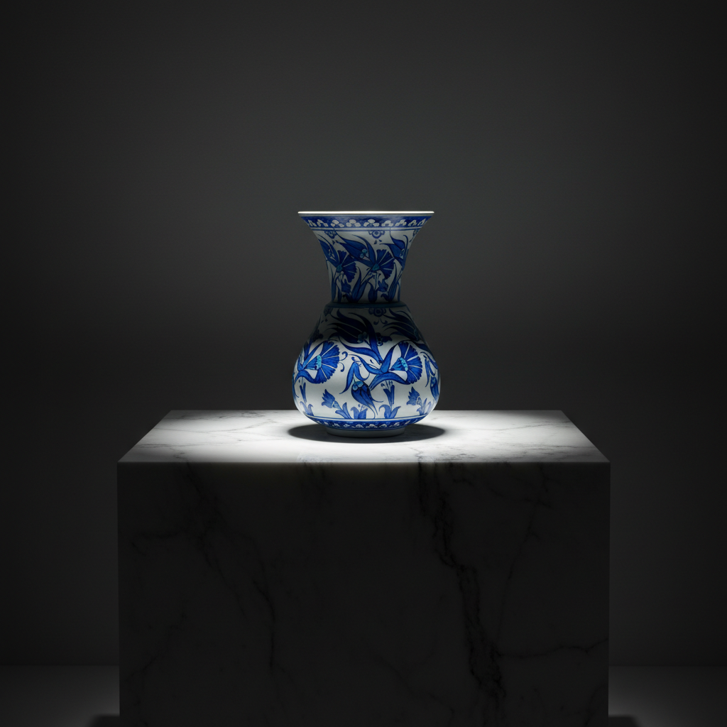 luxury-20cm-blue-white-flared-vase-dark-marble Handmade Ceramic ''Kandil'' Vase (20cm) - Blue and White Fan Carnations - Wide Flared Neck - Image 1