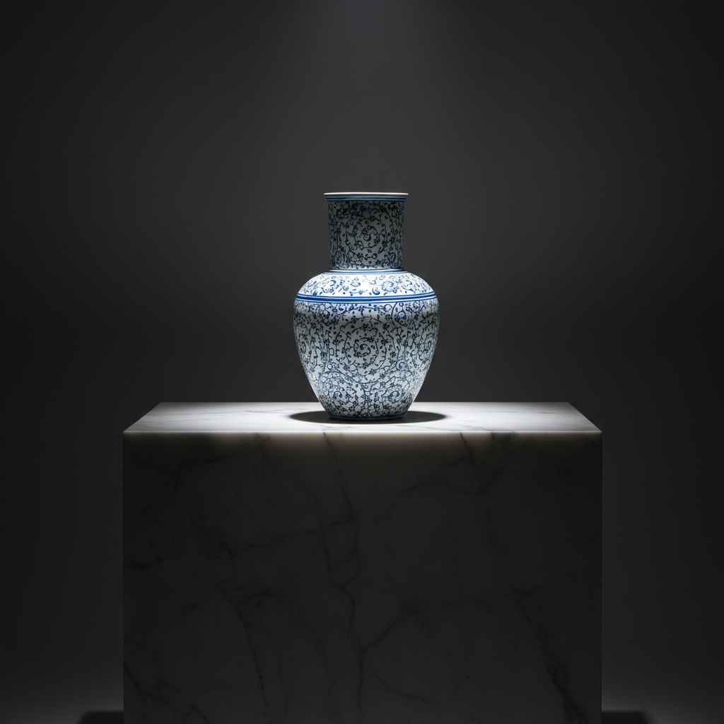 luxury-20cm-blue-white-halic-vase-dark-marble Handmade Ceramic Vase (20cm) - Blue and White Golden Horn Halic Pattern - Spiral Scrolls Design - Image 1