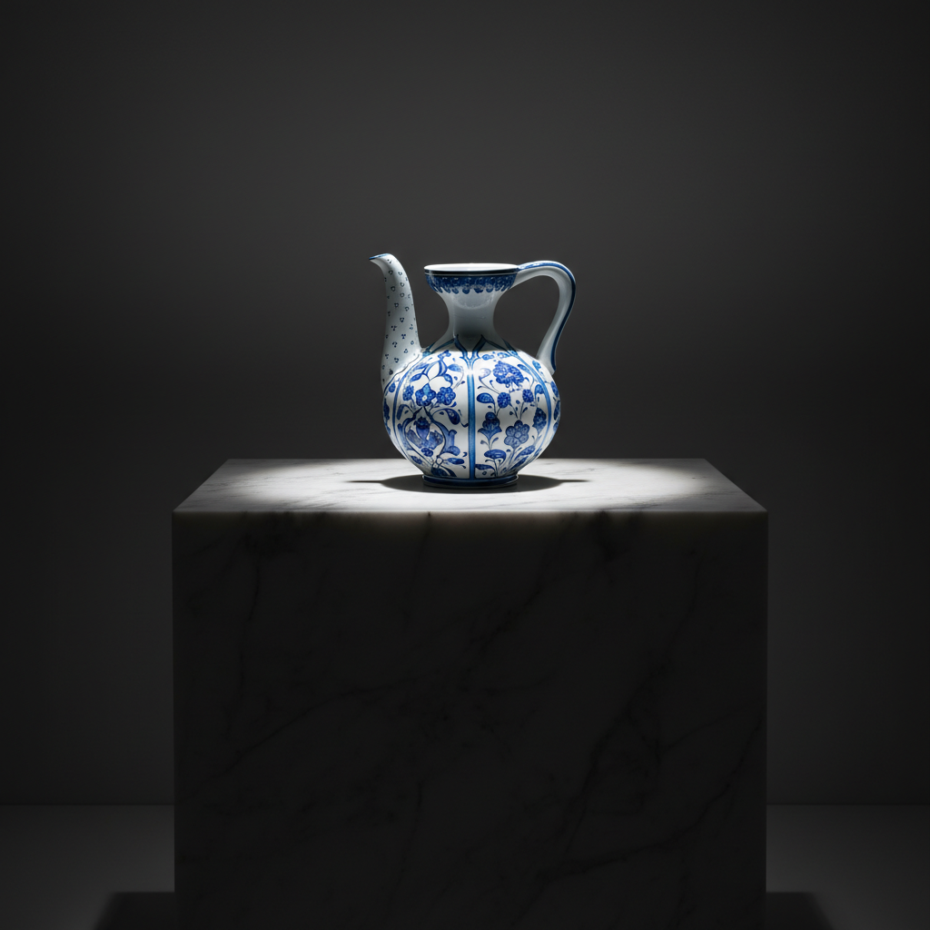 luxury-20cm-blue-white-ibrik-ewer-dark-marble Handmade Ceramic Ewer (20cm) - Blue and White Panel Pattern - Traditional Ibrik Form - Image 1