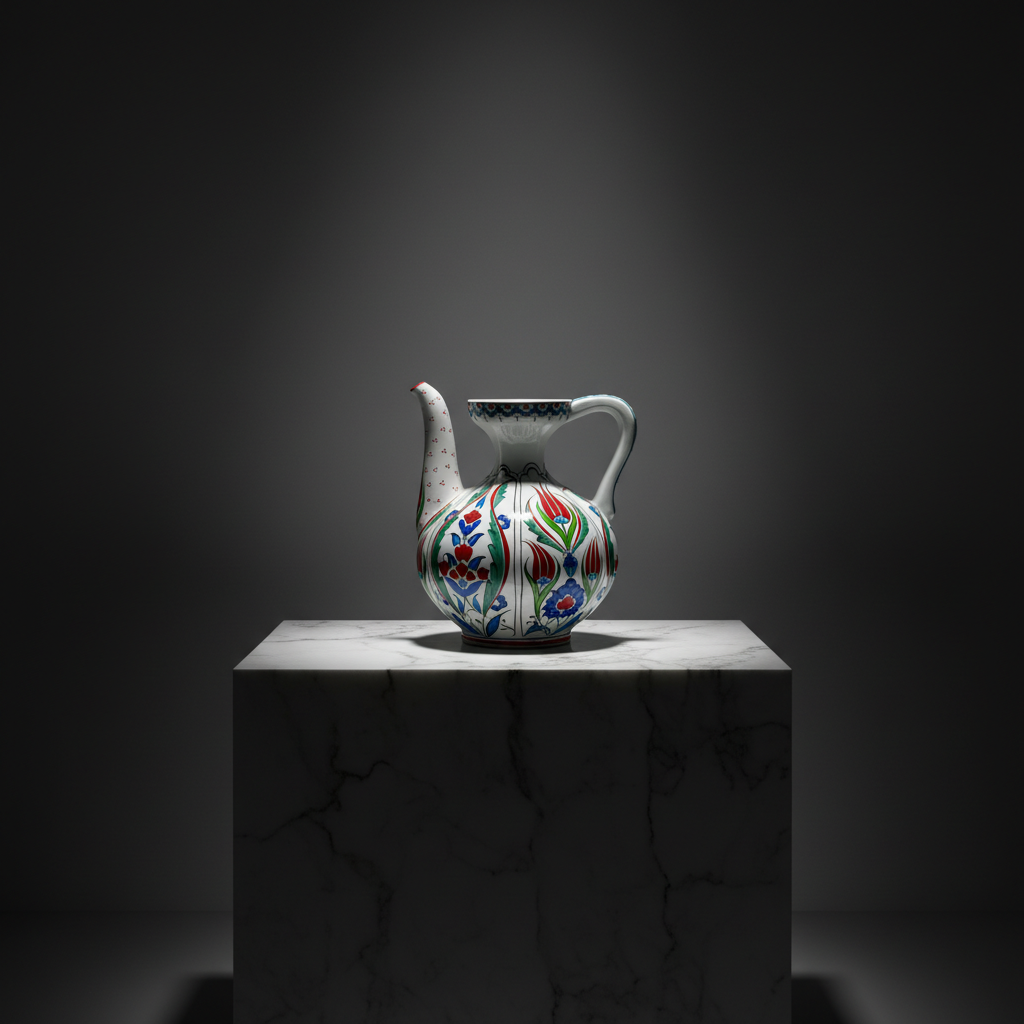 luxury-20cm-colorful-tulip-ibrik-dark-marble Handmade Ceramic Ewer (20cm) - Red Tulips & Floral Panels - Traditional Ibrik Form - Image 1