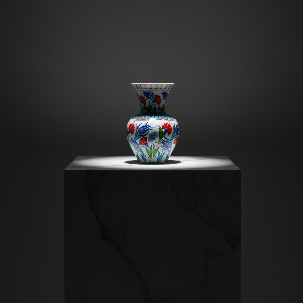 luxury-20cm-iznik-vase-turquoise-collar-dark-marble Handmade Ceramic Vase (20cm) - Turquoise Collar & Red Carnations - Classic Iznik Decor - Image 1