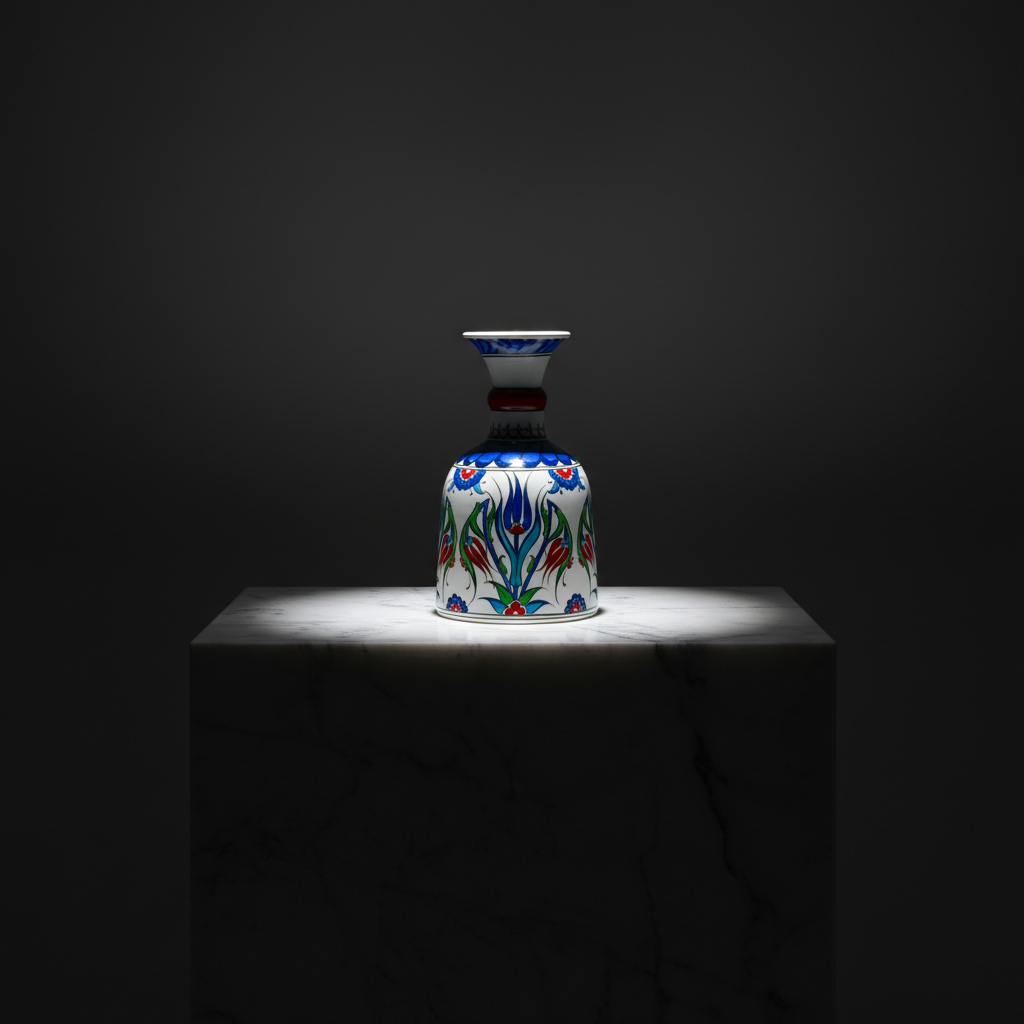 luxury-20cm-red-neck-bell-vase-dark-marble Handmade Ceramic "Bell" Vase (20cm) - Blue Tulips & Red Neck Ring - Traditional Bell Form - Image 1
