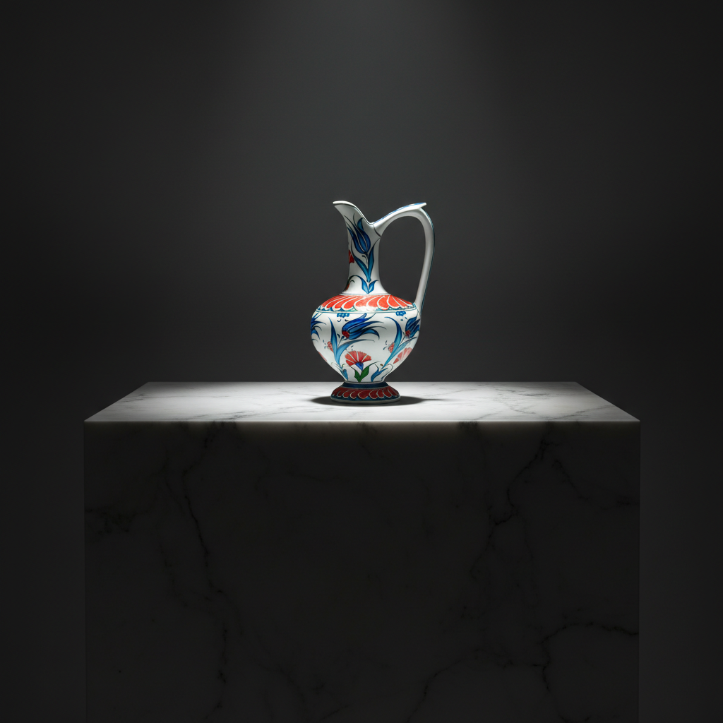 luxury-20cm-red-shoulder-pitcher-dark-marble Handmade Ceramic Pitcher (20cm) - Red Petal Collar & Blue Tulips - Compact Lion's Mouth Vase - Image 1