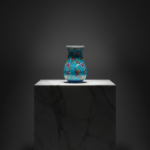 Handmade Ceramic Pear Vase (20cm) - Vibrant Aegean Turquoise - Geometric Meander Rim & Red Florals