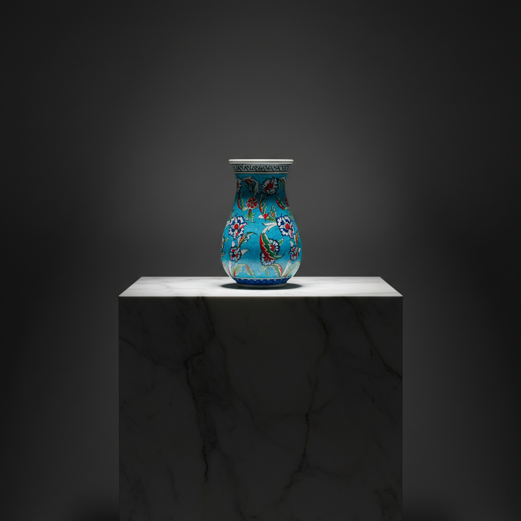 luxury-20cm-turquoise-ground-armudi-vase-dark-marble Handmade Ceramic Pear Vase (20cm) - Vibrant Aegean Turquoise - Geometric Meander Rim & Red Florals - Image 1