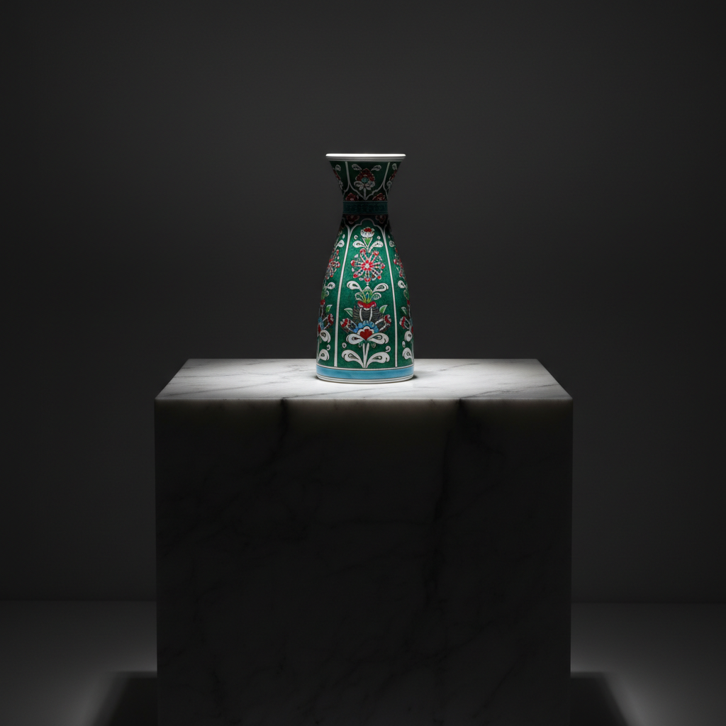 luxury-25cm-emerald-green-vase-dark-marble-cube Handmade Ceramic Conical Vase (25cm) - Emerald Green Vertical Panels - Flared Rim Iznik Decor - Image 1