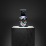 Handmade Ceramic Faceted Vase (25cm) - Red Tulips & Blue Rumi Arches - Hexagonal Form