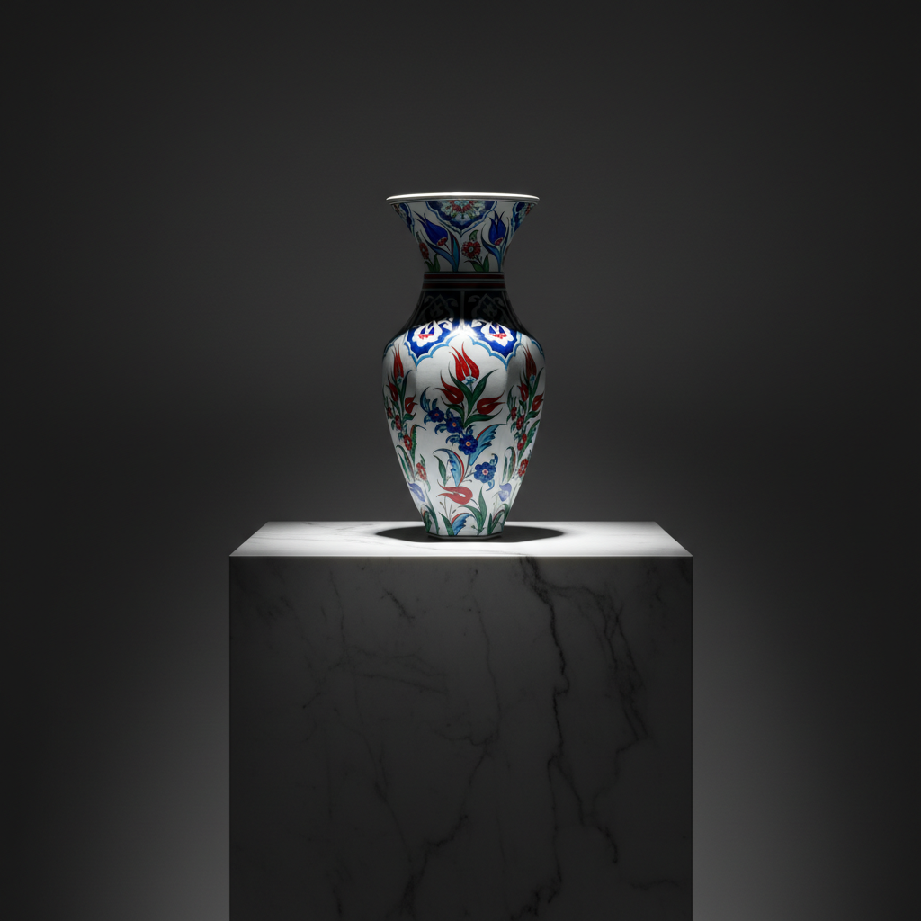 luxury-25cm-faceted-hexagonal-vase-dark-marble Handmade Ceramic Faceted Vase (25cm) - Red Tulips & Blue Rumi Arches - Hexagonal Form - Image 1