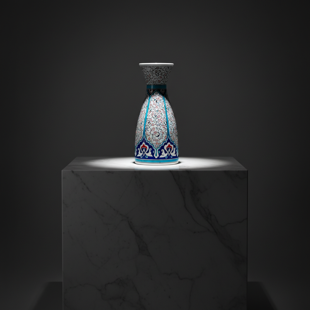 luxury-25cm-golden-horn-turquoise-vase-dark-marble Handmade Ceramic Conical Vase (25cm) - Golden Horn "Halic" Spiral Pattern & Turquoise Panels - Image 1