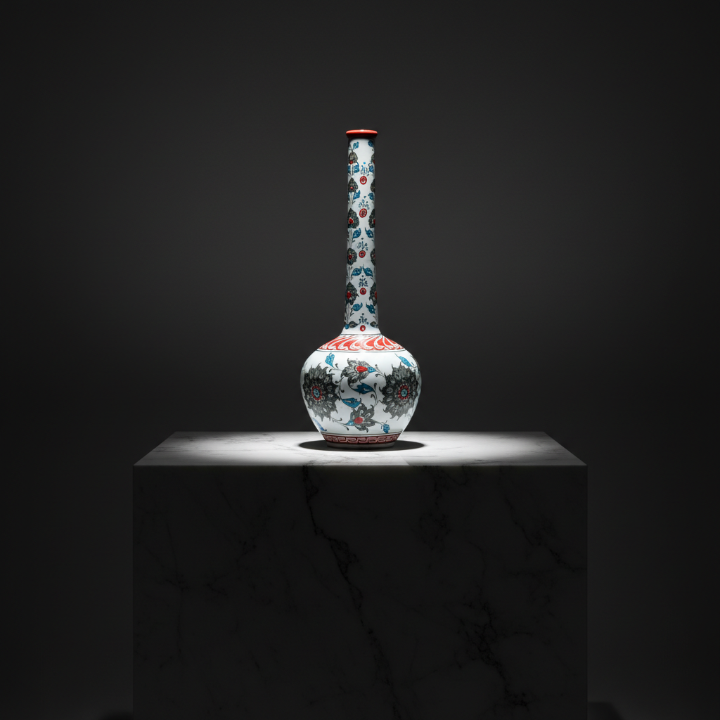 luxury-25cm-grey-red-long-neck-vase-dark-marble Handmade Ceramic Long Neck Vase (25cm) - Grey Lotus & Red Shoulder - Elegant Bottle Form - Image 1