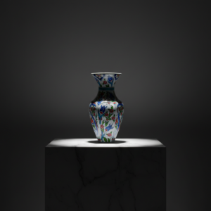 Handmade Ceramic Hexagonal Vase (25cm) - Ottoman "Saz" Style Leaves - Faceted Body & Turquoise Accents