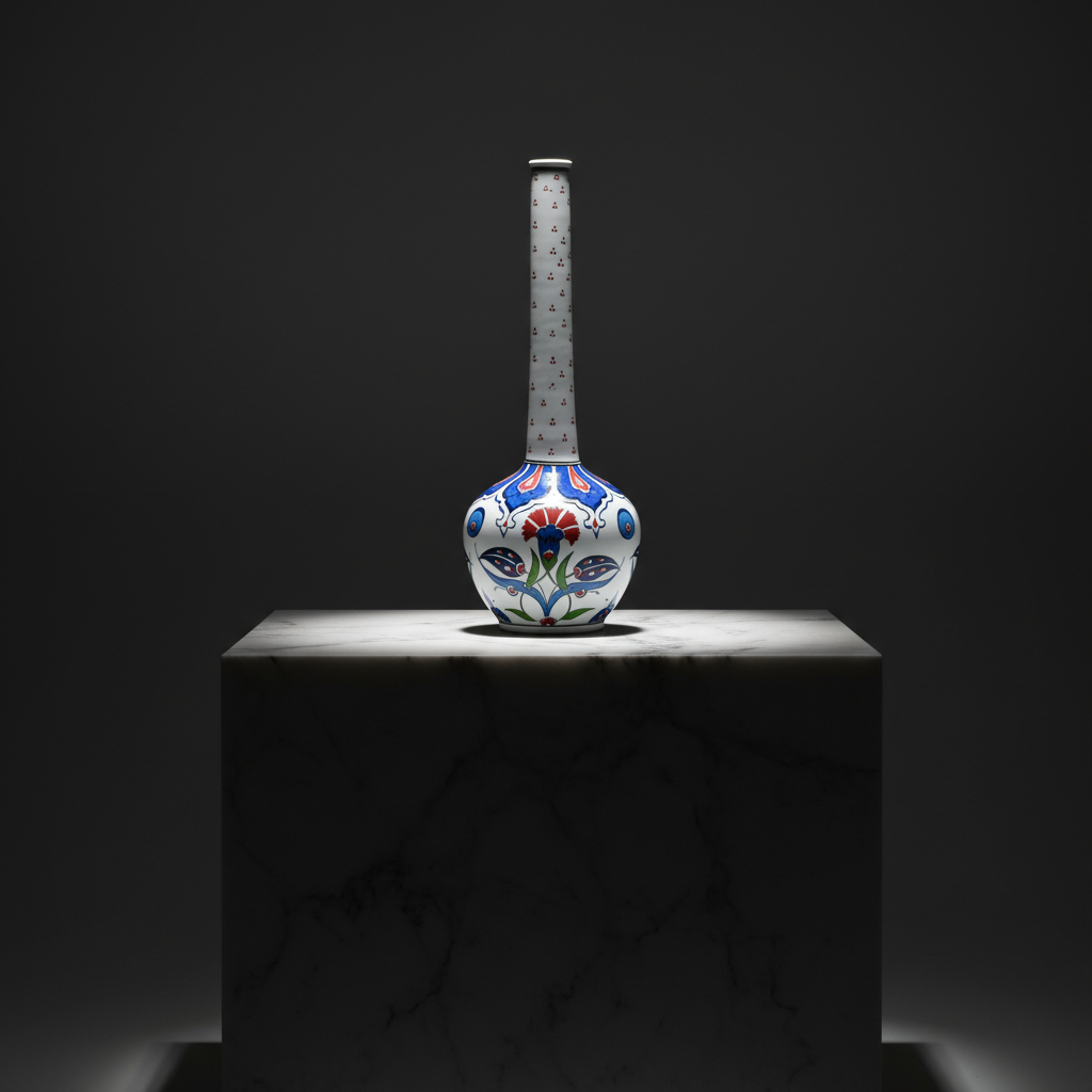 luxury-25cm-long-neck-red-dot-vase-dark-marble Handmade Ceramic Long-Neck Vase (25cm) - Minimalist Red Dot Detail & Carnations - Elegant Iznik Decor - Image 1