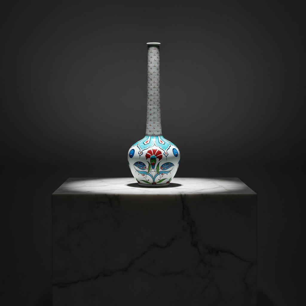 luxury-25cm-long-neck-turquoise-red-vase-dark-marble Handmade Ceramic Long-Neck Vase (25cm) - Turquoise Scallop Shoulder & Red Dots - Iznik Decor - Image 1