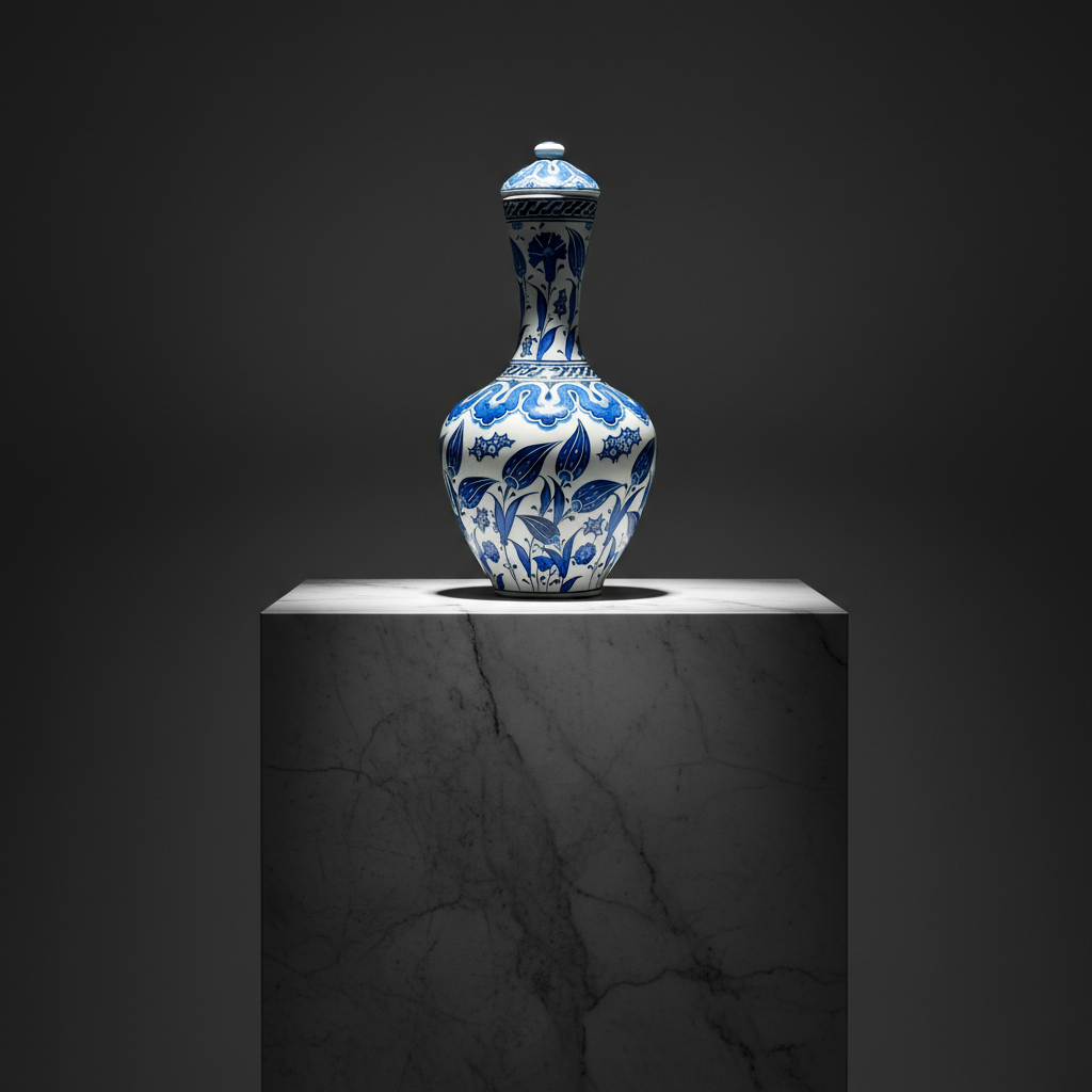 luxury-30cm-blue-white-lidded-vase-dark-marble Handmade Ceramic Lidded Vase (30cm) - Blue & White Tulips & Cloud Collar - Classic Iznik Decor - Image 1