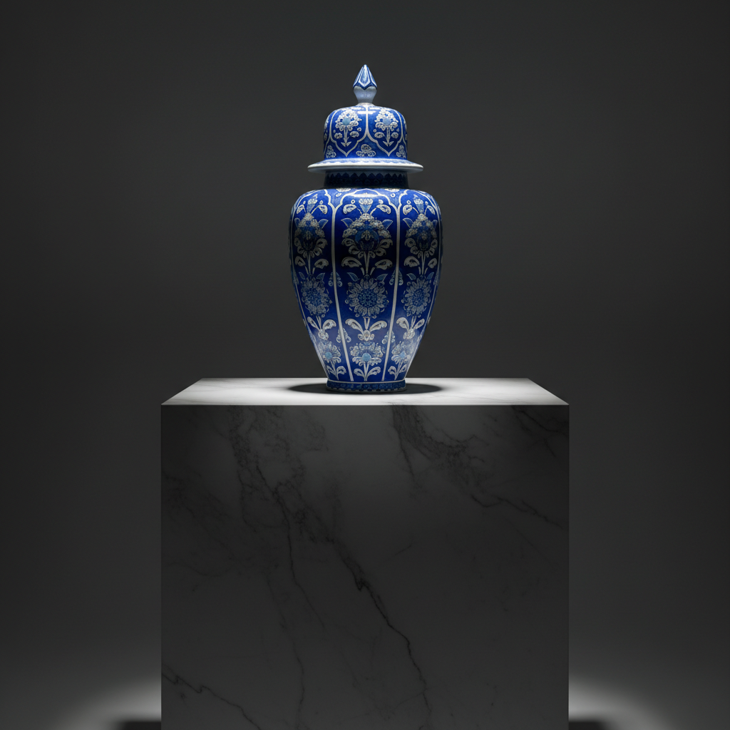 luxury-30cm-cobalt-blue-shah-vase-dark-marble Handmade Ceramic Lidded Jar (30cm) The Shah Vase Cobalt Blue Ground and White Floral Panels - Image 1