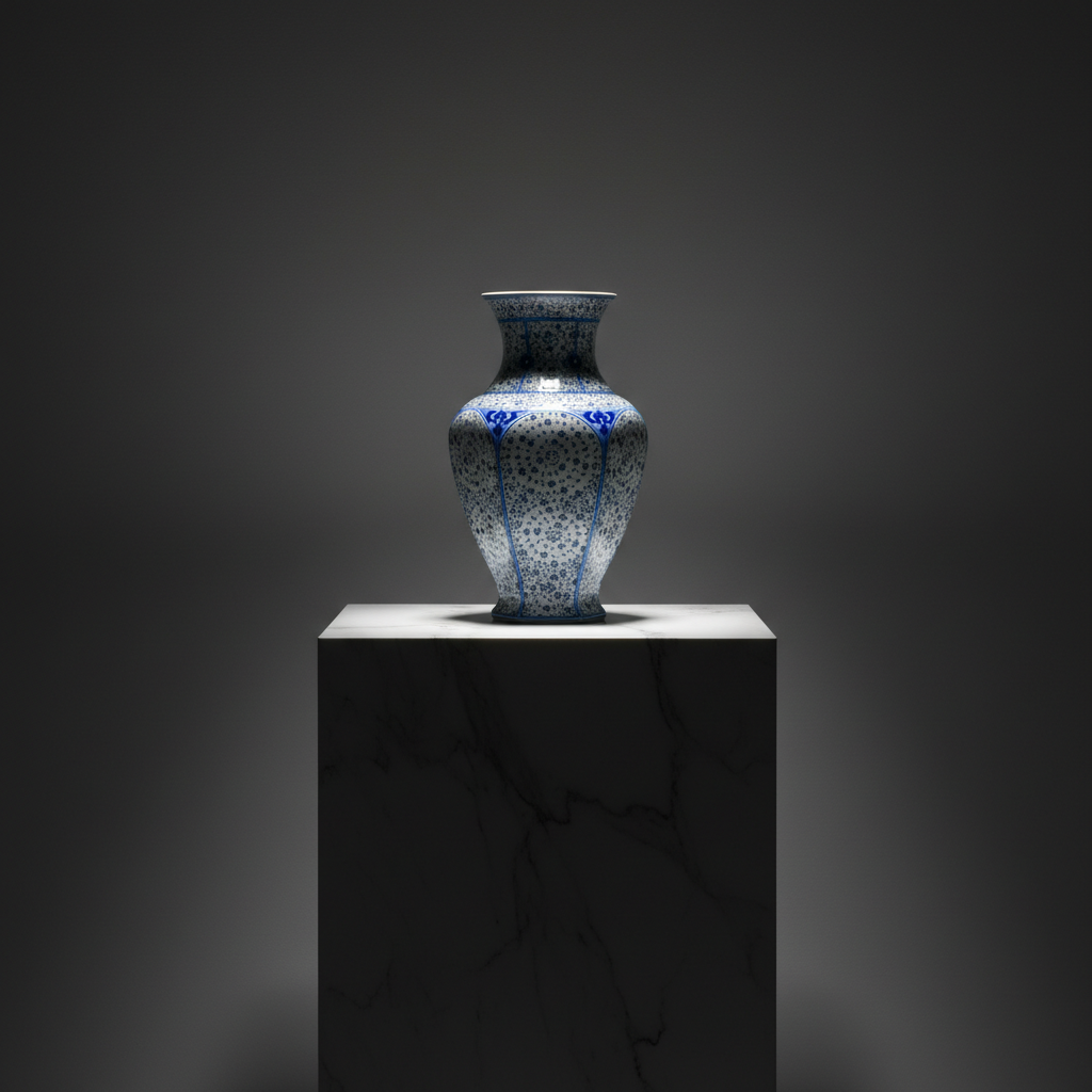 luxury-30cm-halic-golden-horn-vase-dark-marble Handmade Ceramic Vase (30cm) - Golden Horn "Halic" Spirals - Blue & White Iznik Decor - Image 1