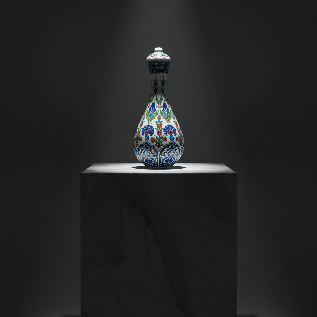 luxury-30cm-lidded-blue-carnation-jar-dark-marble Handmade Ceramic "Nightingale" Surahi Jar (30cm) - Lidded Blue Carnation & Tulip Art - Image 1