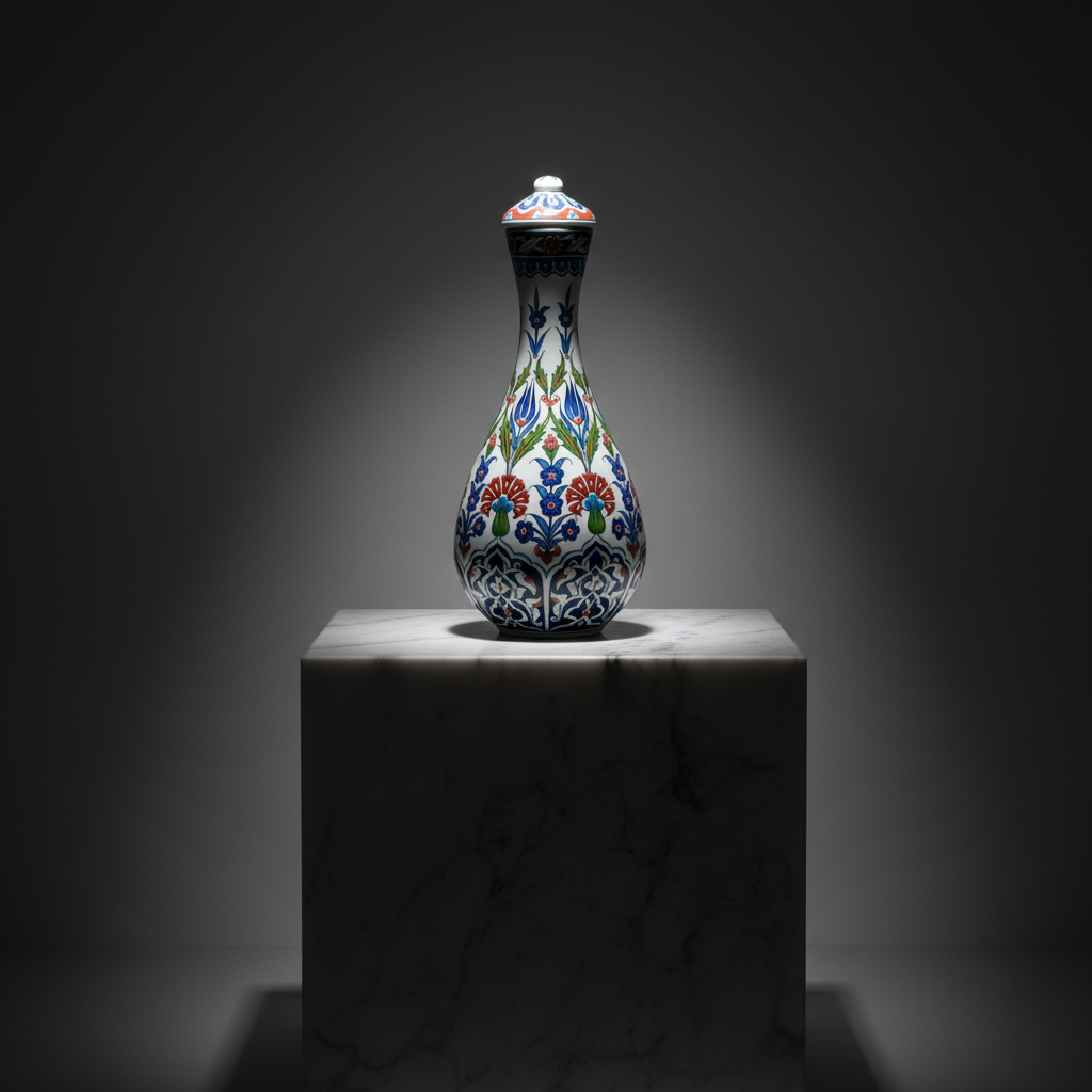 luxury-30cm-lidded-colorful-floral-jar-dark-marble Handmade Ceramic "Nightingale" Surahi Jar (30cm) - Lidded Polychrome Floral Art - Red, Blue & Green - Image 1