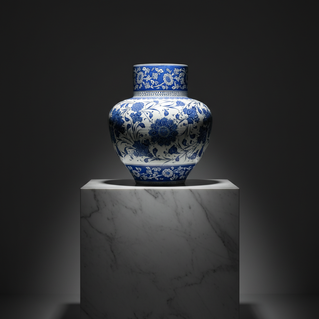 luxury-50cm-monumental-blue-white-urn-dark-marble Handmade Monumental Ceramic Urn (50cm) - Classic Blue & White "Baba Nakkas" Style - Large Floor Vase - Image 1
