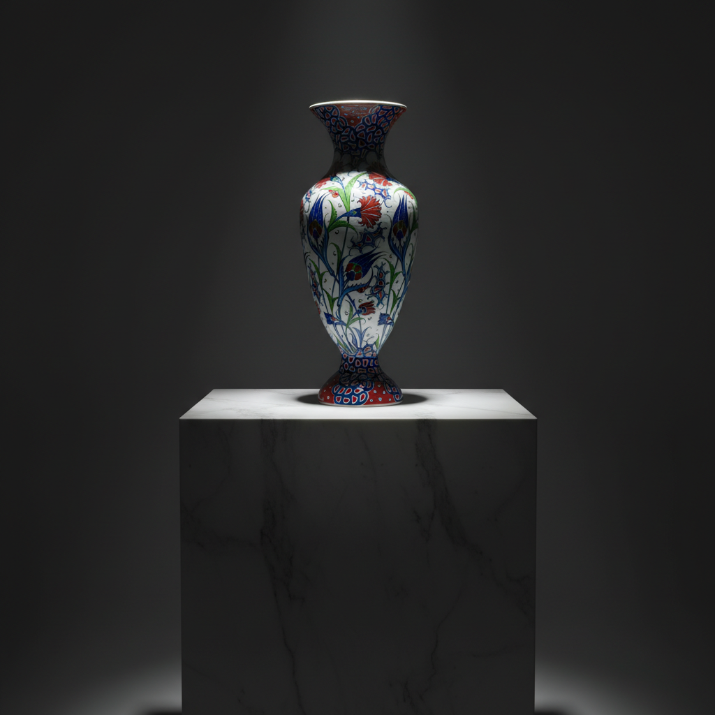 luxury-50cm-mosaic-neck-palace-vase-dark-marble Handmade Ceramic Palace Vase (50cm) Red Carnations and Geometric Mosaic Neck Pedestal Urn - Image 1