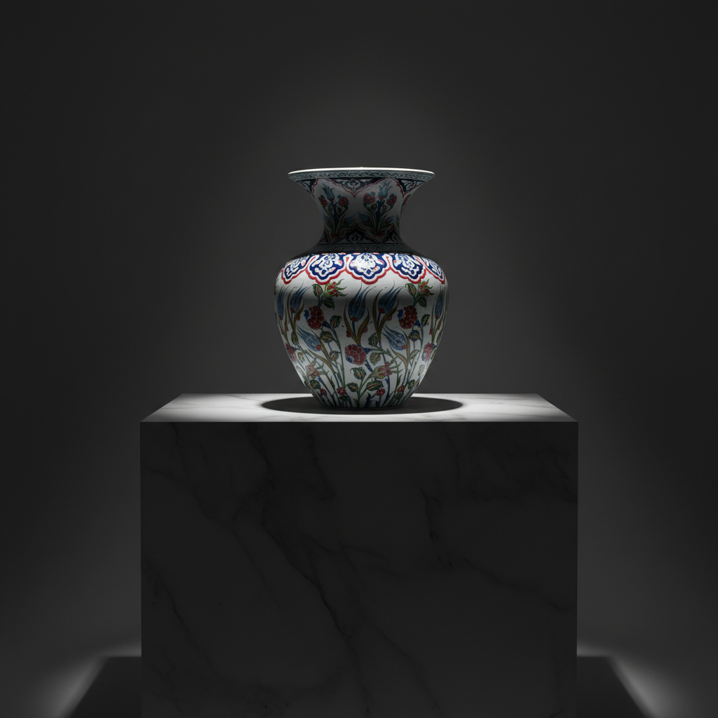 luxury-50cm-ottoman-flower-vase-dark-museum-shot Handmade Ceramic Grand Vase (50cm) Ottoman Garden Red Roses and Scalloped Border Floor Vase - Image 1