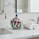 Handmade Ceramic Lidded Bonbonniere Jar Red Tulips and Carnations Round Globe - Image 4