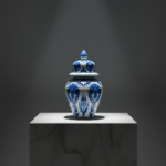 Handmade Ceramic "Kupecik" Ginger Jar (20cm) - Blue Iznik Tulips on Stippled Dotwork - Lidded Vase