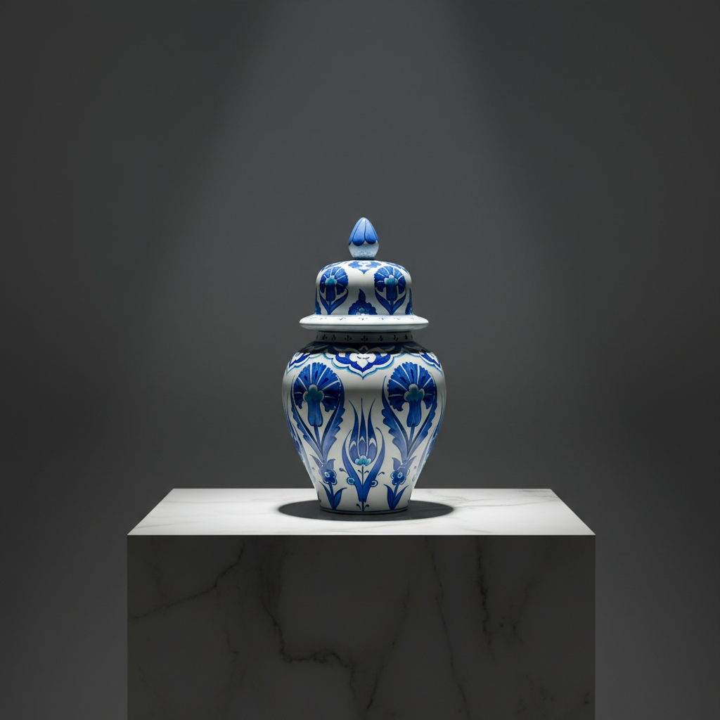 luxury-blue-tulip-stippled-jar-square-marble-plinth Handmade Ceramic "Kupecik" Ginger Jar (20cm) - Blue Iznik Tulips on Stippled Dotwork - Lidded Vase - Image 1