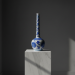 Handmade Ceramic Long Neck Bottle Vase (25cm) - Classic Blue & White Floral Design - Elegant Coastal Decor