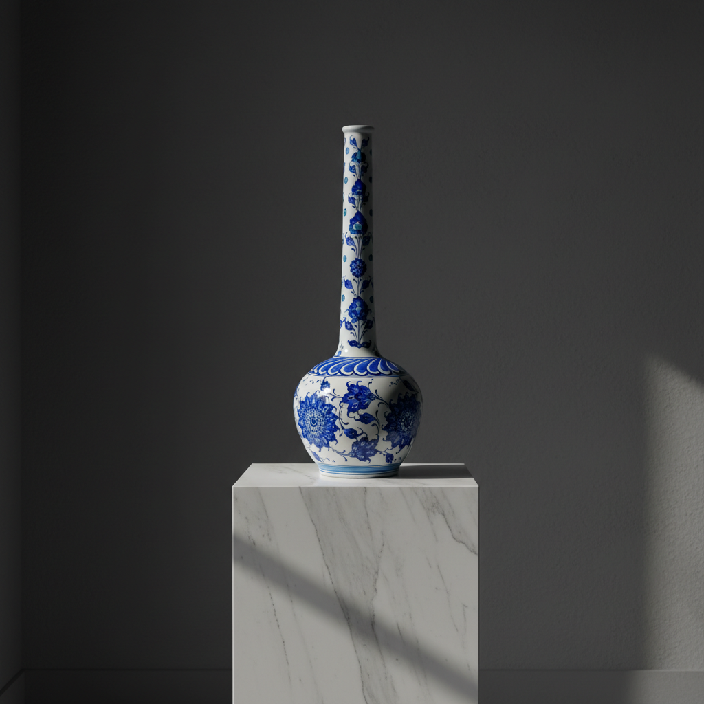 luxury-blue-white-bottle-vase-studio-shot Handmade Ceramic Long Neck Bottle Vase (25cm) - Classic Blue & White Floral Design - Elegant Coastal Decor - Image 1