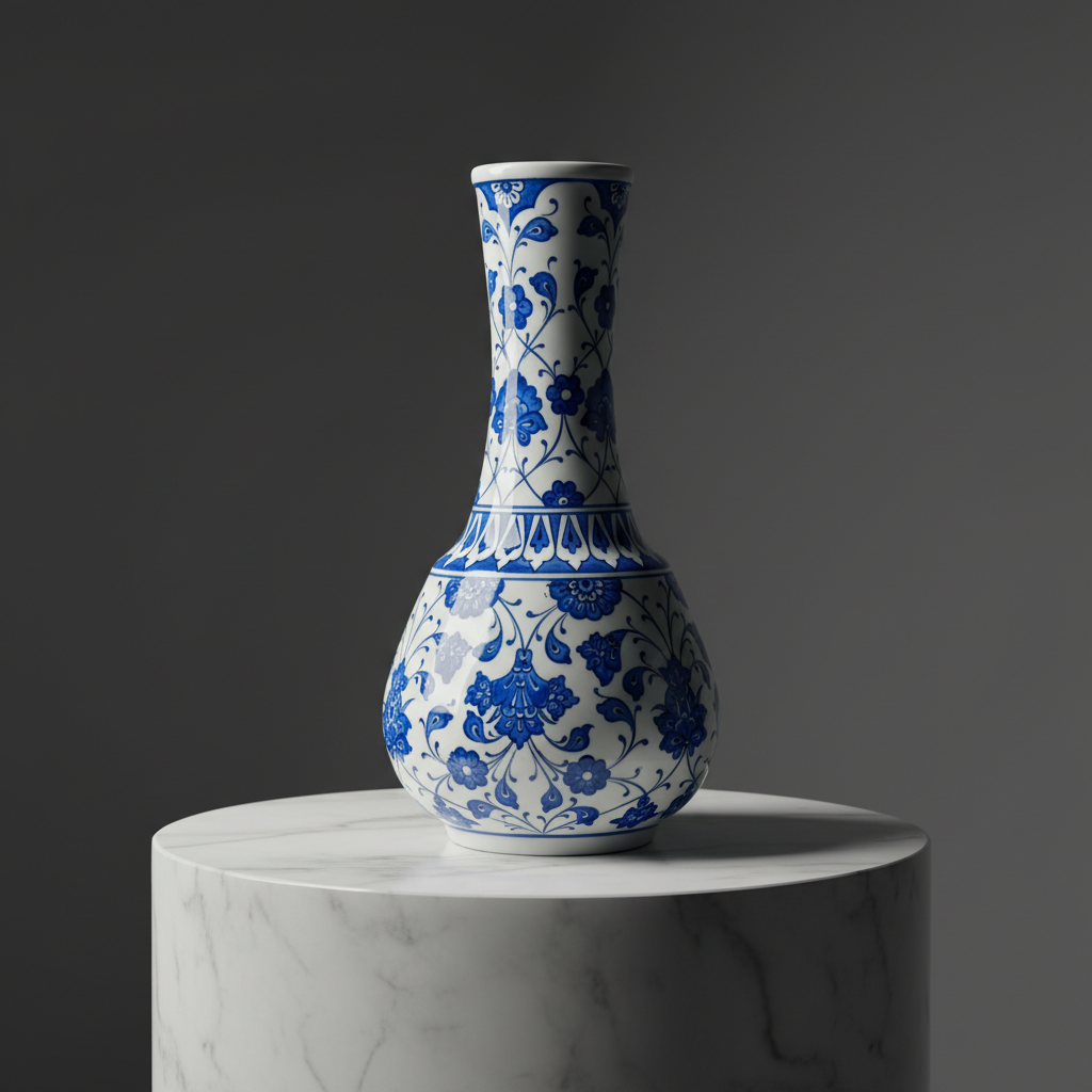 luxury-blue-white-ceramic-vase-sculptural-form Handmade Ceramic "Gonca" Vase (25cm) - Classic Blue & White Floral Pattern - Traditional Ottoman Home Decor - Image 1