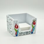 Handmade Ceramic Sticky Note Holder - Red Tulips & Spiral Vines - Iznik Desk Accessory