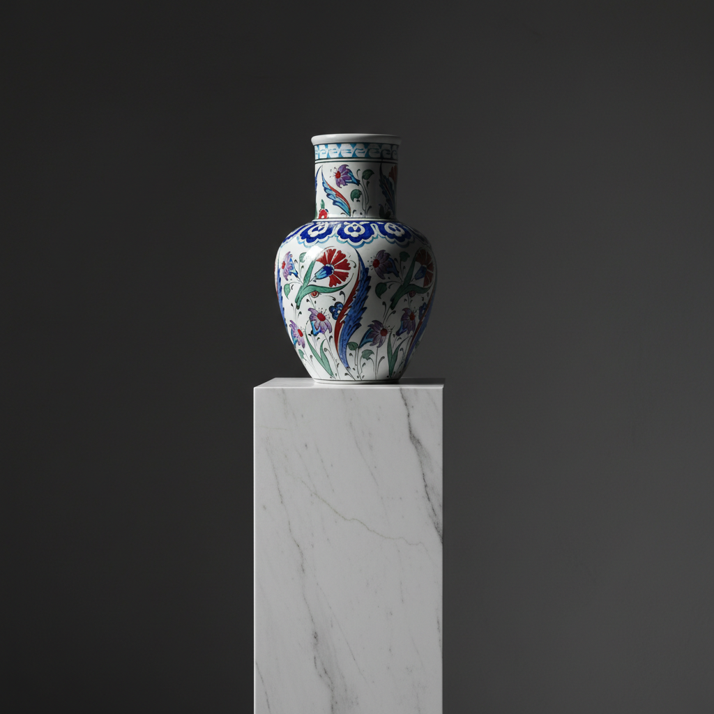 luxury-ceramic-vase-sculptural-marble-pedestal Handmade Ceramic Vase (30cm) - Red Carnation & Blue Saz Leaf Pattern - Classic Iznik Floral Vase - Image 1