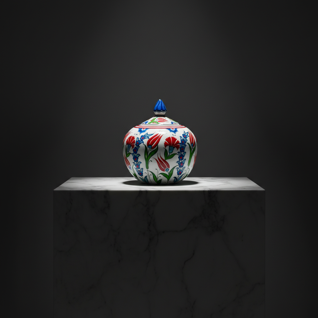 luxury-decorative-ceramic-sphere-dark-marble Handmade Ceramic Lidded Bonbonniere Jar Red Tulips and Carnations Round Globe - Image 1