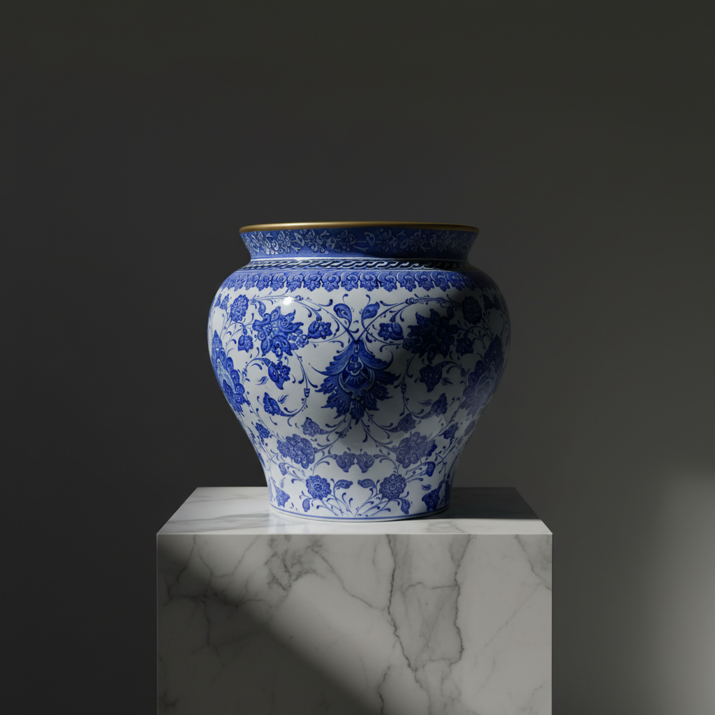 luxury-gold-rim-ceramic-planter-marble-pedestal Handmade Ceramic Large Planter Pot - Gold Rim & Blue White Floral Pattern - Luxury Home Decor - Image 1
