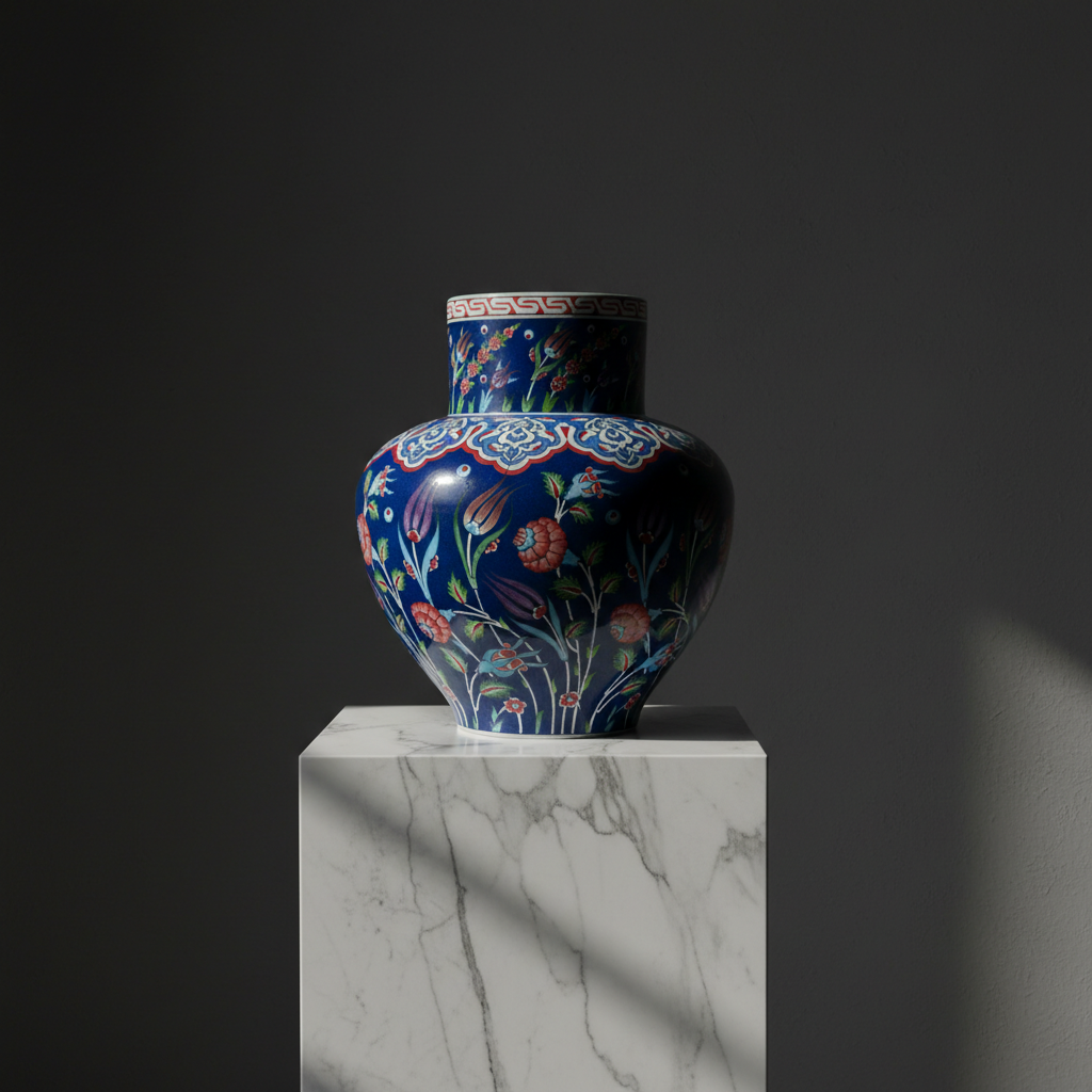 luxury-iznik-cobalt-blue-floor-vase-studio-art Handmade Monumental Iznik Floor Vase (50cm) - Deep Cobalt Blue & Floating Flora - Ottoman Art Decor - Image 1