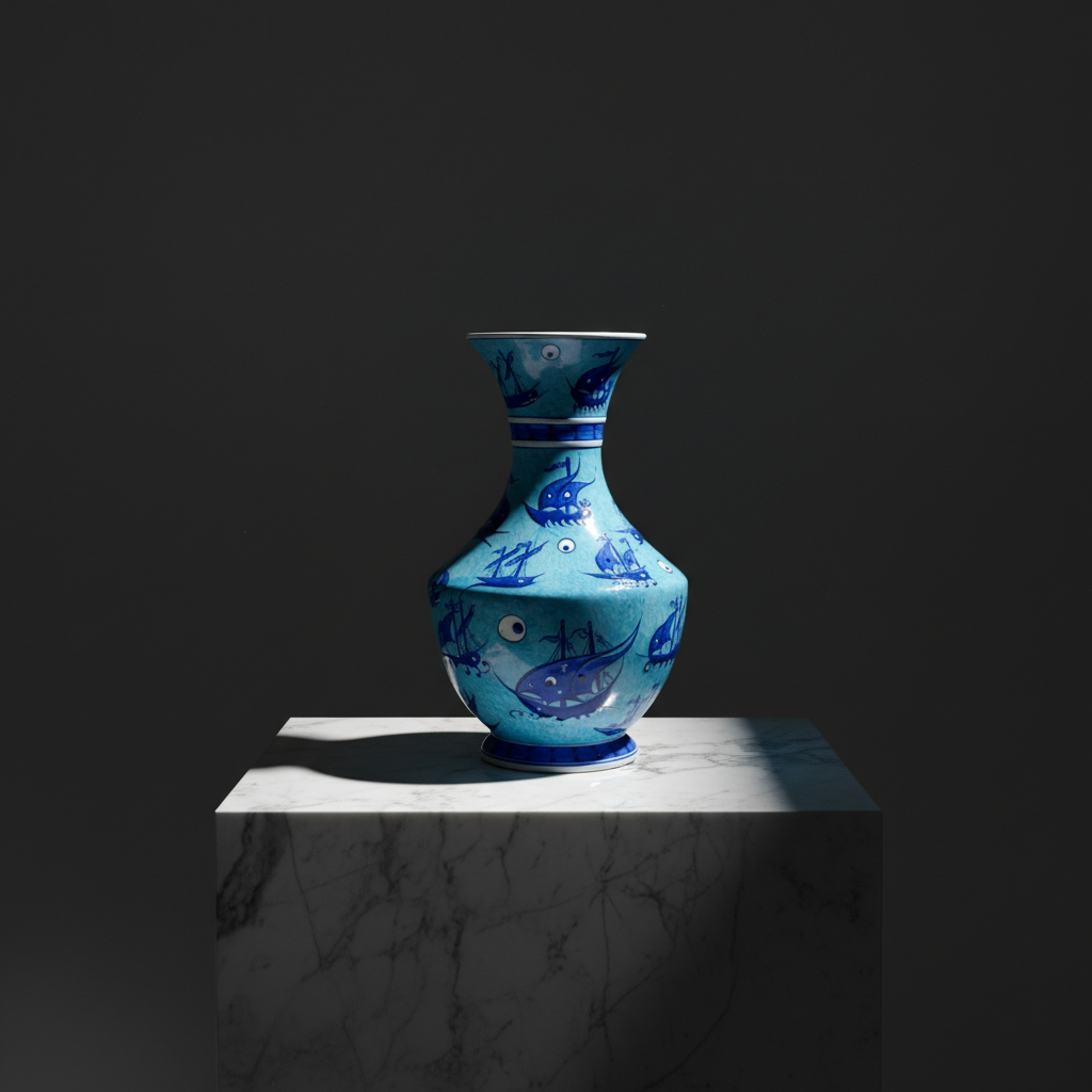 luxury-nautical-ship-pattern-ceramic-vase-studio Handmade Ceramic Vase (30cm) - Ottoman Galleon Ships & Evil Eye Pattern - Nautical Iznik Art - Image 1