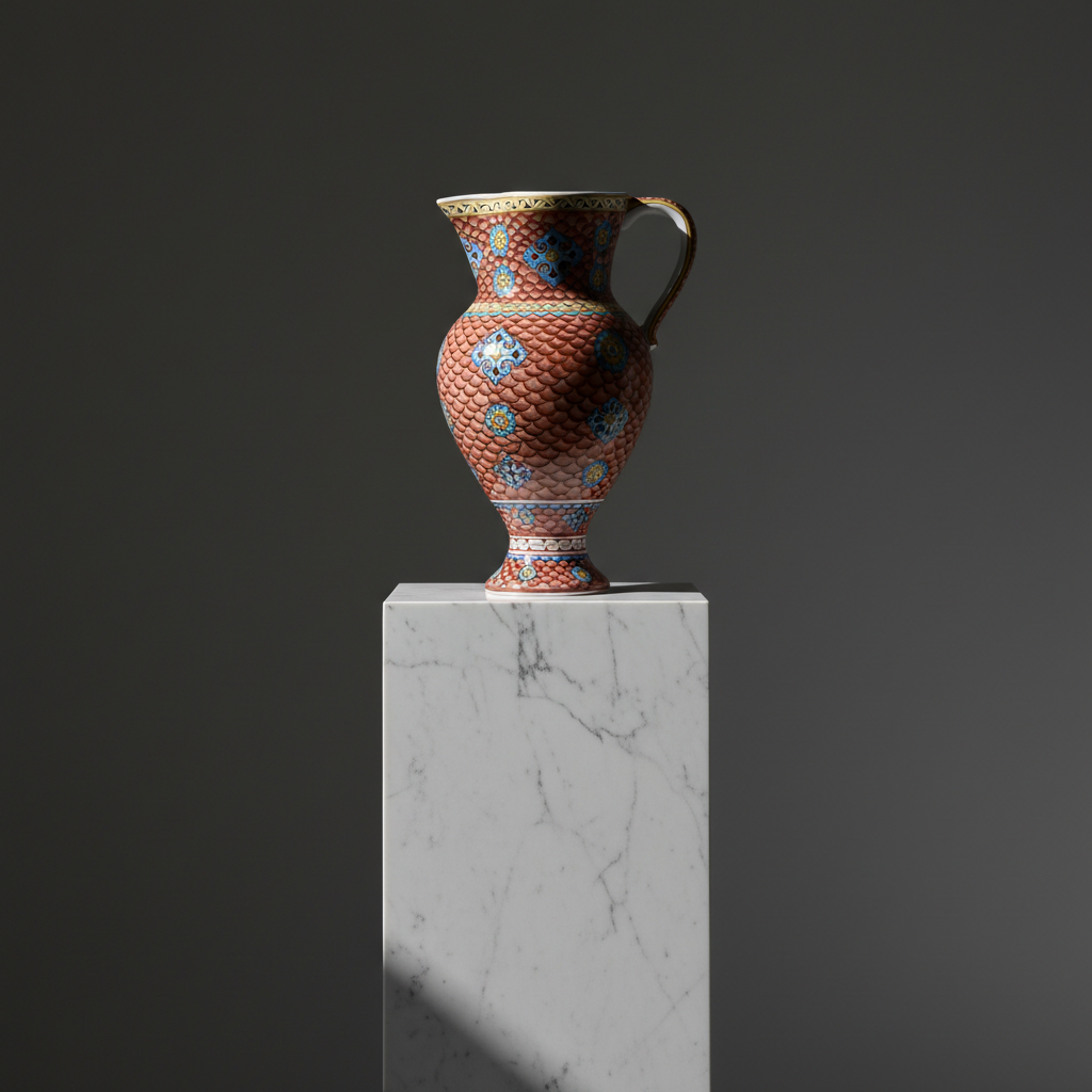 luxury-terracotta-fish-scale-pitcher-studio Handmade Ceramic "Masrapa" Pitcher (25cm) - Classic Iznik Fish Scale Pattern - Warm Terracotta Decor - Image 1