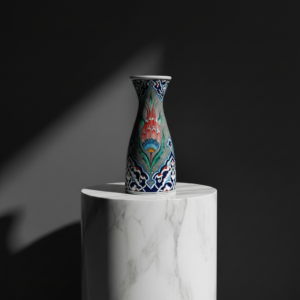 Handmade Ceramic Conical Vase (25cm) - Antique Stone Texture & Red Tulip Pattern - Vintage Style Decor