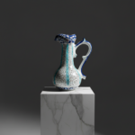Handmade Ceramic Tall Pitcher (40cm) - Turquoise Stripes & Golden Horn Pattern - Mediterranean Decor