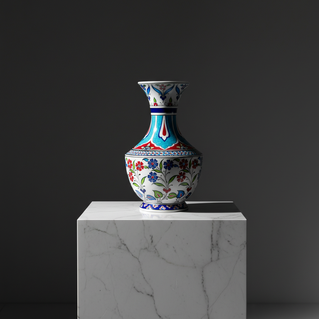 luxury-turquoise-panel-ceramic-vase-studio-shot Handmade Ceramic Classic Vase (30cm) - Turquoise Panels & Red Floral Pattern - Mediterranean Summer Decor - Image 1