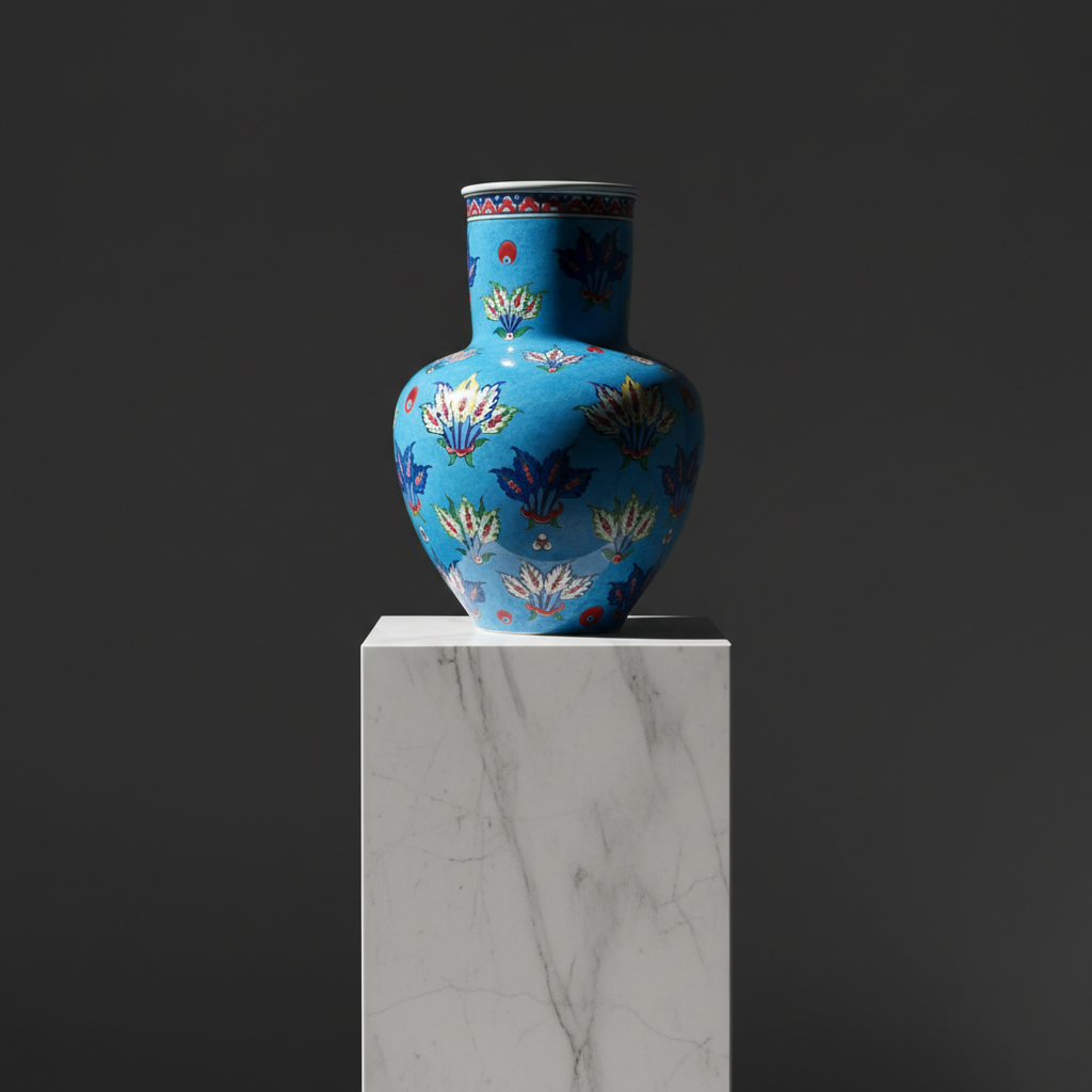 luxury-turquoise-vase-sculptural-marble-pedestal Handmade Ceramic Vase (30cm) - Turquoise "Firuze" Blue with Stylized Fan Flowers - Ottoman Palmette Design - Image 1