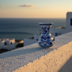 Handmade Ceramic Kandil Vase (20cm) Blue and White Floral Triple Handled Form - Image 2