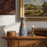 Handmade Ceramic Conical Vase (25cm) - Antique Stone Texture & Red Tulip Pattern - Vintage Style Decor - Image 4