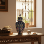 Handmade Ceramic Shah Vase (30cm) Royal Cobalt Blue Background Floral Temple Jar - Image 4