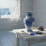 Handmade Ceramic Faceted Vase (30cm) Hexagonal Blue and White Cypress & Tulip Pattern - Image 5