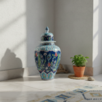 Handmade Ceramic Grand Shah Vase with Lid (60cm) Dark Blue Saz Leaf and Carnation - Image 2