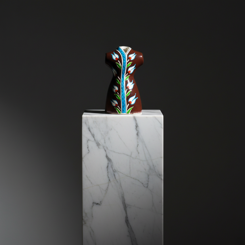 ottoman-kaftan-ceramic-sculpture-luxury-marble-pedestal Handmade Ceramic Ottoman Kaftan Sculpture (12-15cm) - Brown "Sultan's Robe" with White Tulips - Cultural Shelf Decor - Image 1