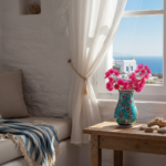 Handmade Ceramic Pear Vase (20cm) - Vibrant Aegean Turquoise - Geometric Meander Rim & Red Florals - Image 7